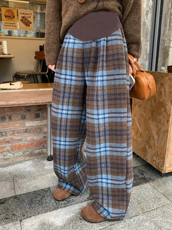 Παντελόνια εγκυμοσύνης με φλις εσωτερική επένδυση, καρό μοτίβο, ίσια γραμμή, υποστήριξη κοιλιάς, πολυεστέρας 95%+, για τον χειμώνα