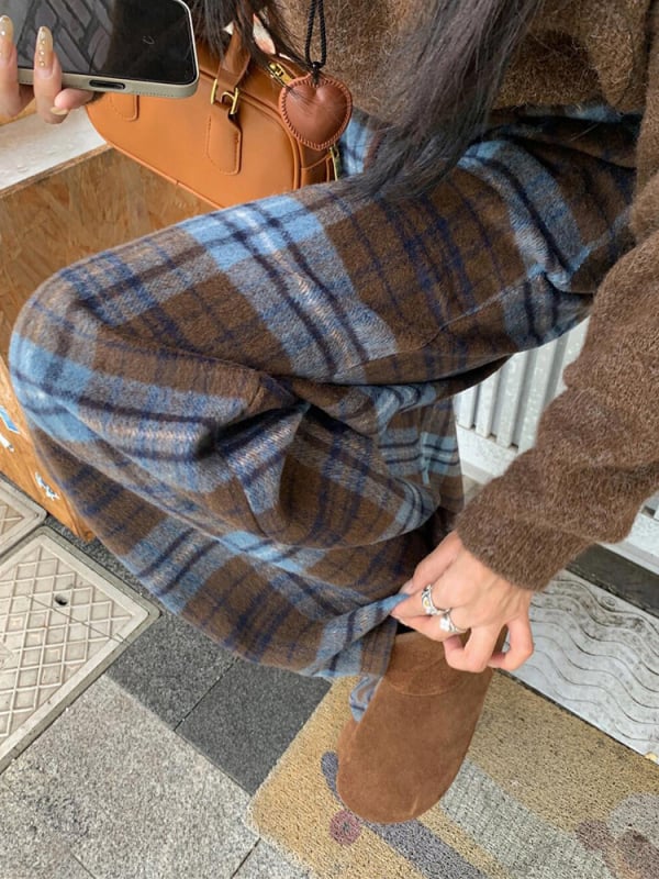 Παντελόνια εγκυμοσύνης με φλις εσωτερική επένδυση, καρό μοτίβο, ίσια γραμμή, υποστήριξη κοιλιάς, πολυεστέρας 95%+, για τον χειμώνα