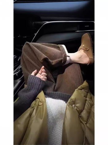 Παντελόνια εγκυμοσύνης με επένδυση φλίς από χοντρό corduroy, ελαστική μέση, μήκος 9/10