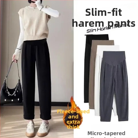 Παντελόνια εγκυμοσύνης με chenille βαμβάκι, επένδυση φλίς, φαρδιά γραμμή, μήκος ¾, στήριξη κοιλιάς