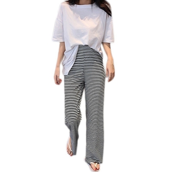 Παντελόνια εγκυμοσύνης με υποστήριξη κοιλιάς, επένδυση φλίς, ριγέ οριζόντια, 95% βαμβάκι