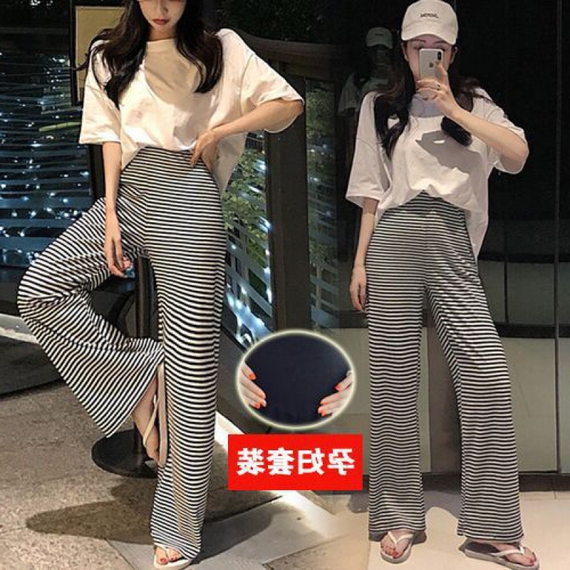 Παντελόνια εγκυμοσύνης με υποστήριξη κοιλιάς, επένδυση φλίς, ριγέ οριζόντια, 95% βαμβάκι