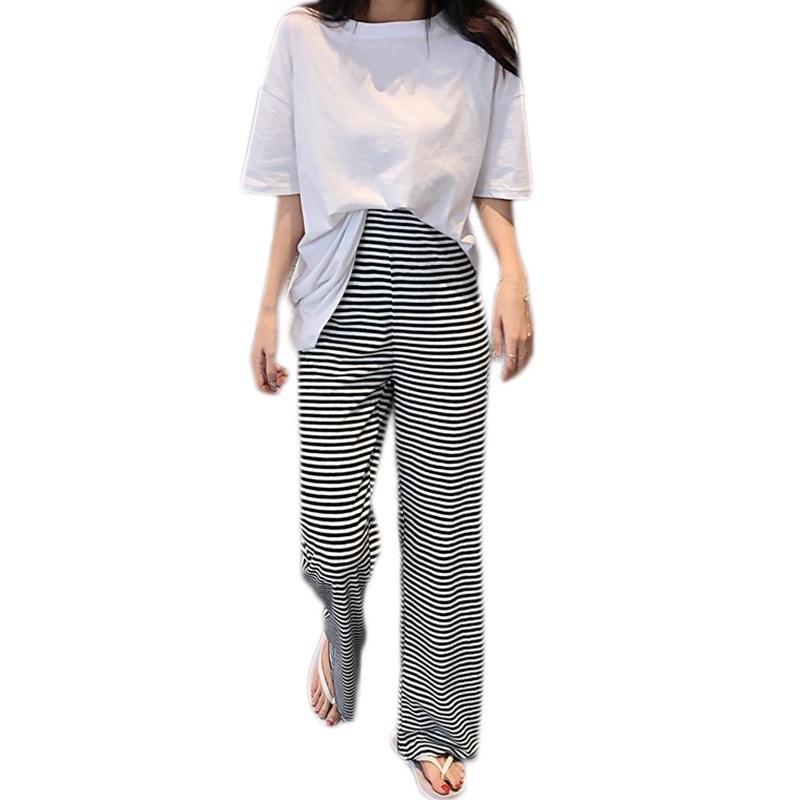 Παντελόνια εγκυμοσύνης με υποστήριξη κοιλιάς, επένδυση φλίς, ριγέ οριζόντια, 95% βαμβάκι