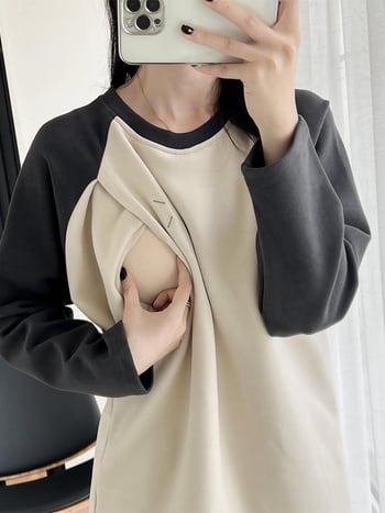 Nėščiųjų džemperis rudens–žiemos 2025, žindymo topas po gimdymo, laisvas kasualus stilius, medvilnė, apvalus kaklo iškirptė, ilgomis rankovėmis