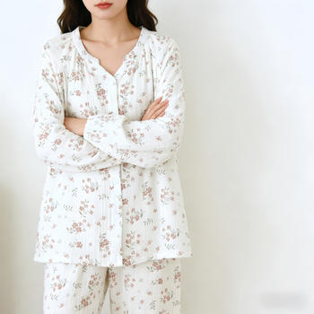 Пижами за кърмене след раждане с подплънки за кърмене, 100% памук, памучна газова тъкан, V-образно деколте, дълги ръкави, панталони, подходящи за пролет-лято-есен