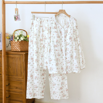 Пижами за кърмене след раждане с подплънки за кърмене, 100% памук, памучна газова тъкан, V-образно деколте, дълги ръкави, панталони, подходящи за пролет-лято-есен