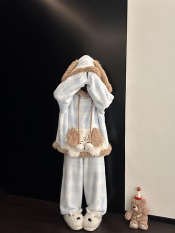 Moterų dviejų dalių pižama su gobtuvu, fliso pamušalas, koralinis velūras audinys, animacinis raštas