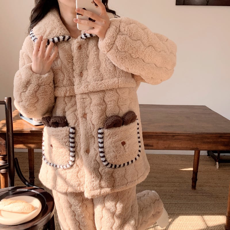 Pijama maternitate cu fermoar pentru alăptare — flanel triplu strat, poliester 100%, mâneci lungi, iarnă/toamnă