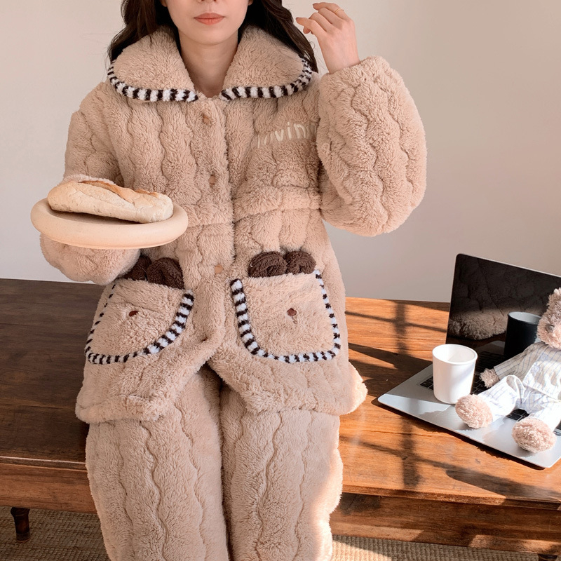 Pijama maternitate cu fermoar pentru alăptare — flanel triplu strat, poliester 100%, mâneci lungi, iarnă/toamnă