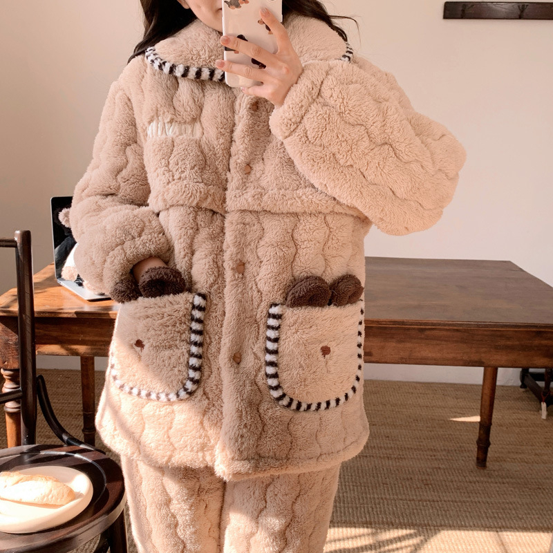 Pijama maternitate cu fermoar pentru alăptare — flanel triplu strat, poliester 100%, mâneci lungi, iarnă/toamnă