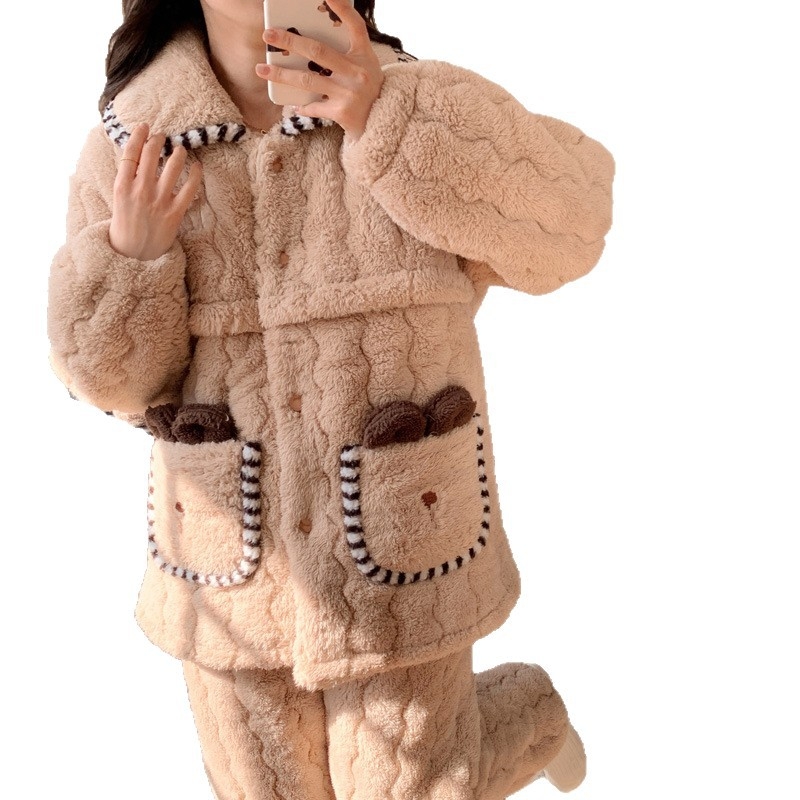 Pijama maternitate cu fermoar pentru alăptare — flanel triplu strat, poliester 100%, mâneci lungi, iarnă/toamnă