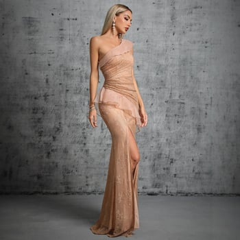 Rochie de seară cu un umăr, croi slim, paiete, fustă lungă în stil coadă de pește cu deschidere, poliester