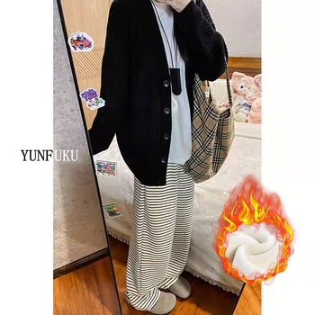 Pantaloni de maternitate – în dungi, largi, pentru toamnă-iarnă, croială drapată, până la podea, țesătură din lână amestec