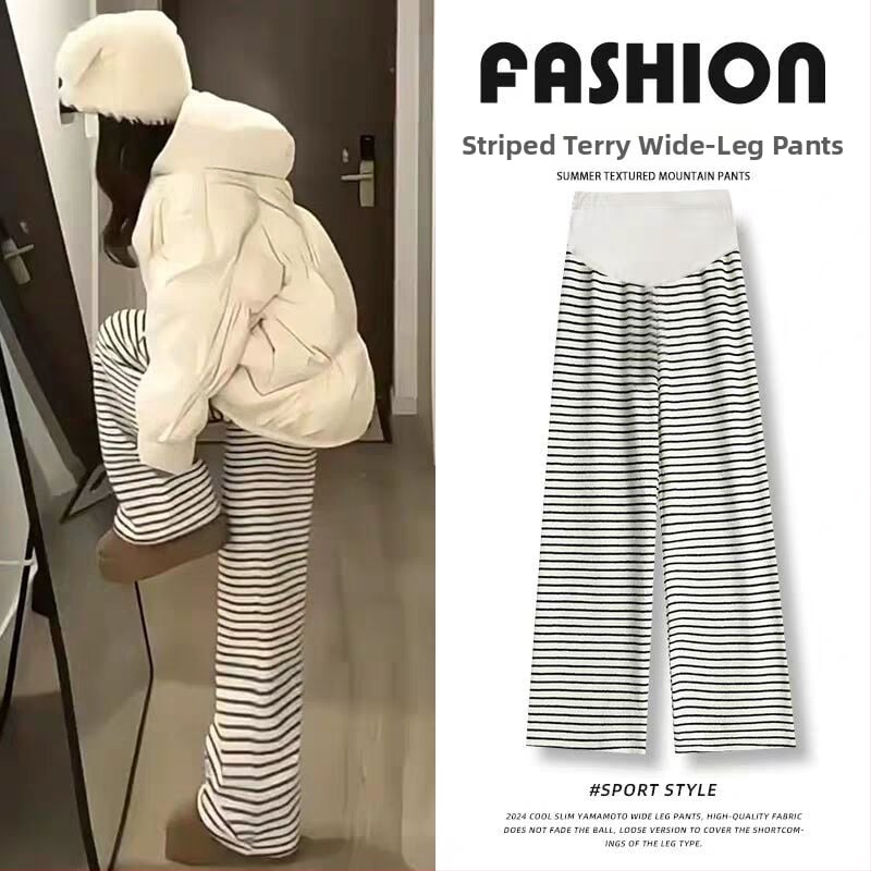 Pantaloni de maternitate – în dungi, largi, pentru toamnă-iarnă, croială drapată, până la podea, țesătură din lână amestec