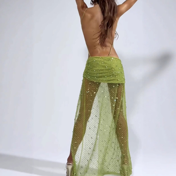 Rochie cu paiete, bretele, fără mâneci, lungă, talie înaltă, croială asimetrică, poliester