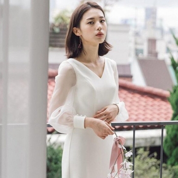 Vjenčana haljina s A-linijom, duboki V izrez, dugi rukavi, srednja duljina suknje, poliester s elastanom (90–95% poliester), Jesen 2025