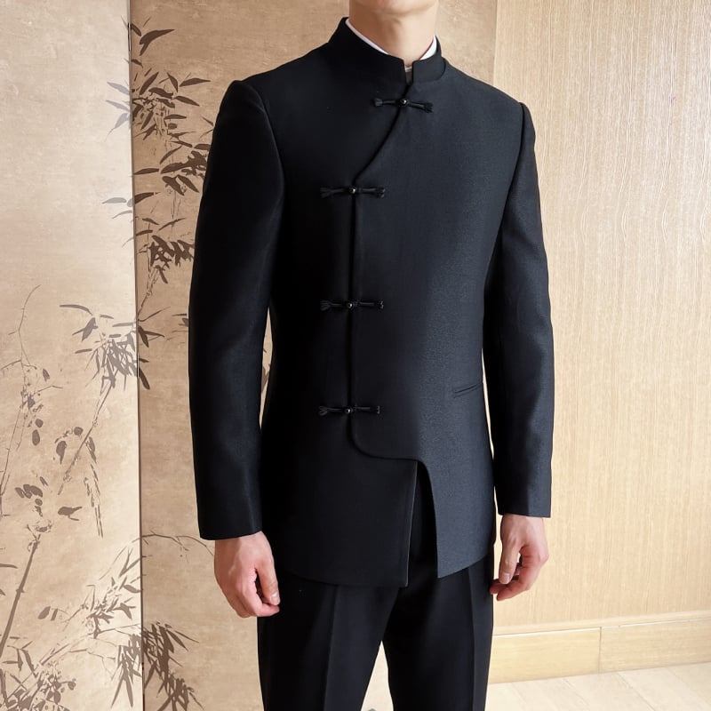 Kínai stílusú férfi öltöny vacsorára – kétdarabos szett, modell XZ1912, pamutkeverék anyag, őszi 2024.