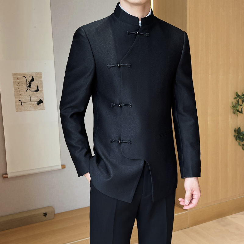 Kínai stílusú férfi öltöny vacsorára – kétdarabos szett, modell XZ1912, pamutkeverék anyag, őszi 2024.
