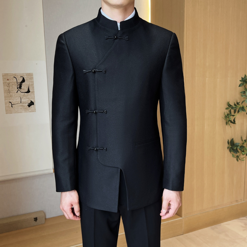Kínai stílusú férfi öltöny vacsorára – kétdarabos szett, modell XZ1912, pamutkeverék anyag, őszi 2024.
