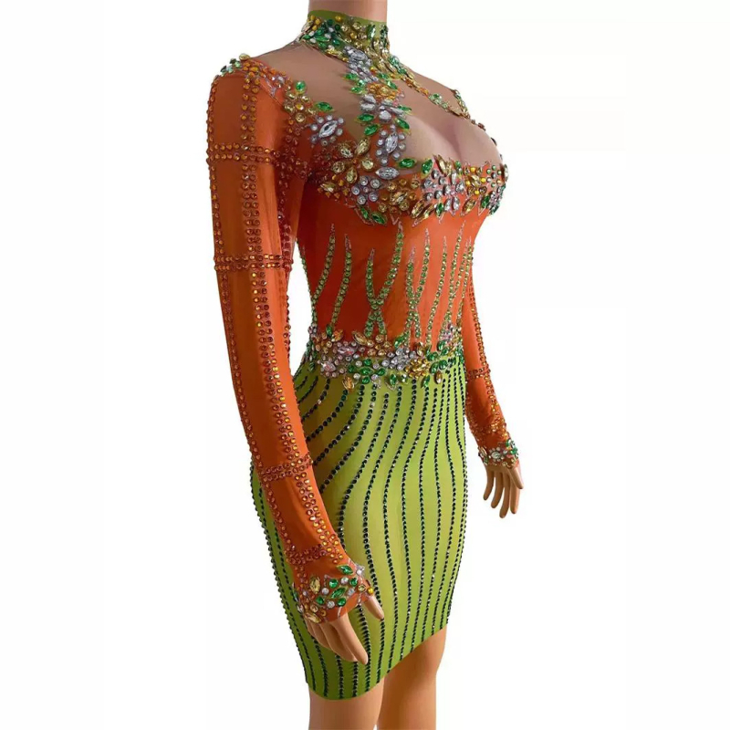 Mini bodycon haljina s visokim ovratnikom, kristali, elastična mreža s prorezima, za party i nastupe na pozornici