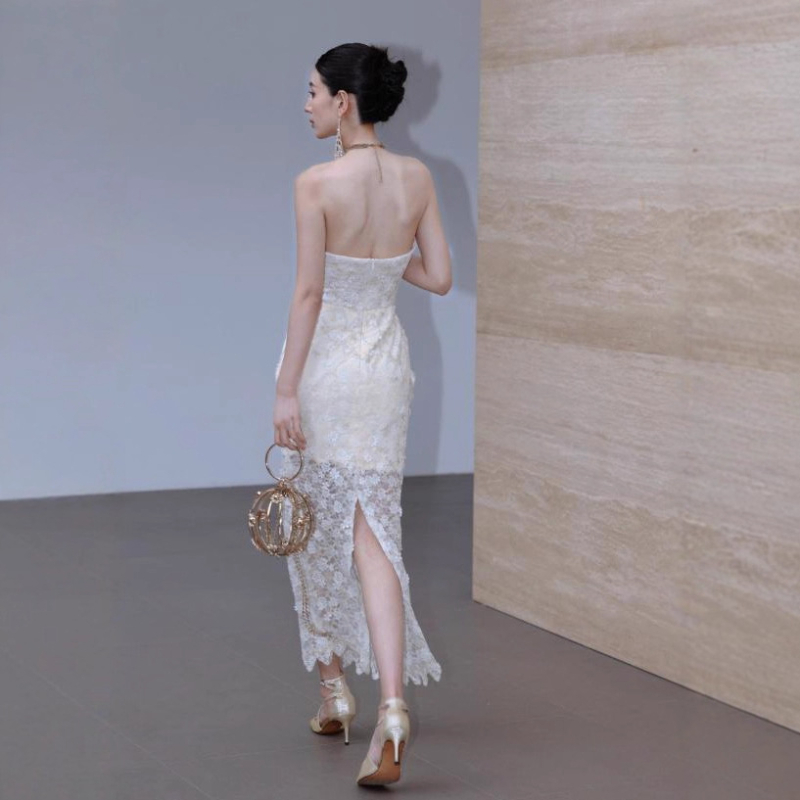 Rochie din dantelă fără bretele, talie înaltă, croială A-line, lungă, vară 2025