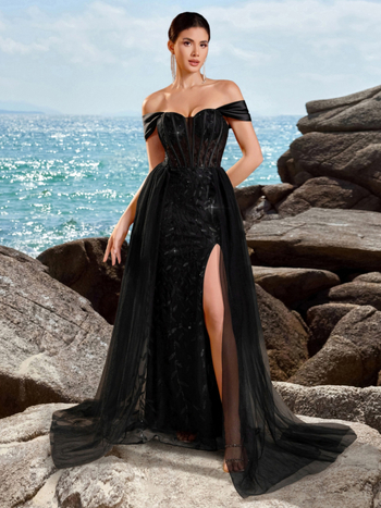 Вечерна рокля без презрамки, дълга пола, талия средно висока, полиестер/еластан (95%+), за парти