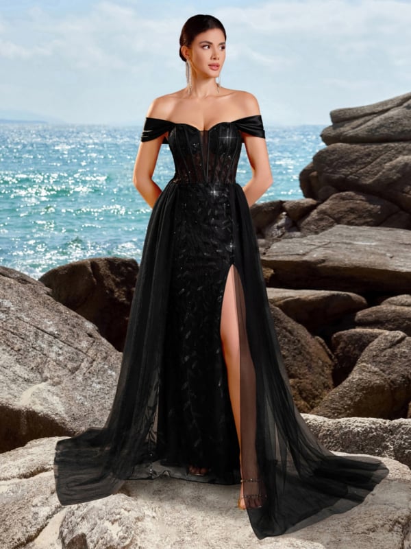 Вечерна рокля без презрамки, дълга пола, талия средно висока, полиестер/еластан (95%+), за парти