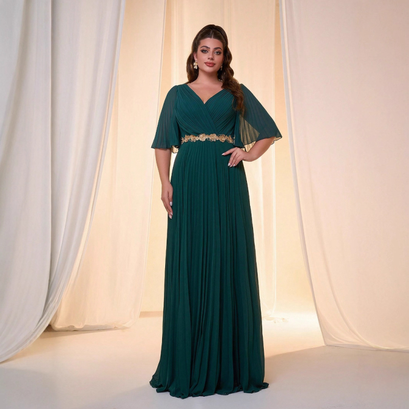 Duga šifon haljina s V izrezom, visoki struk, kratke rukave, elegantan swing stil