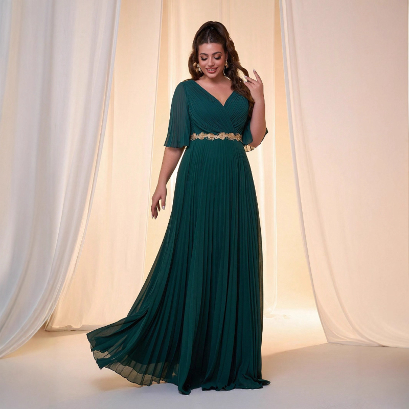 Duga šifon haljina s V izrezom, visoki struk, kratke rukave, elegantan swing stil