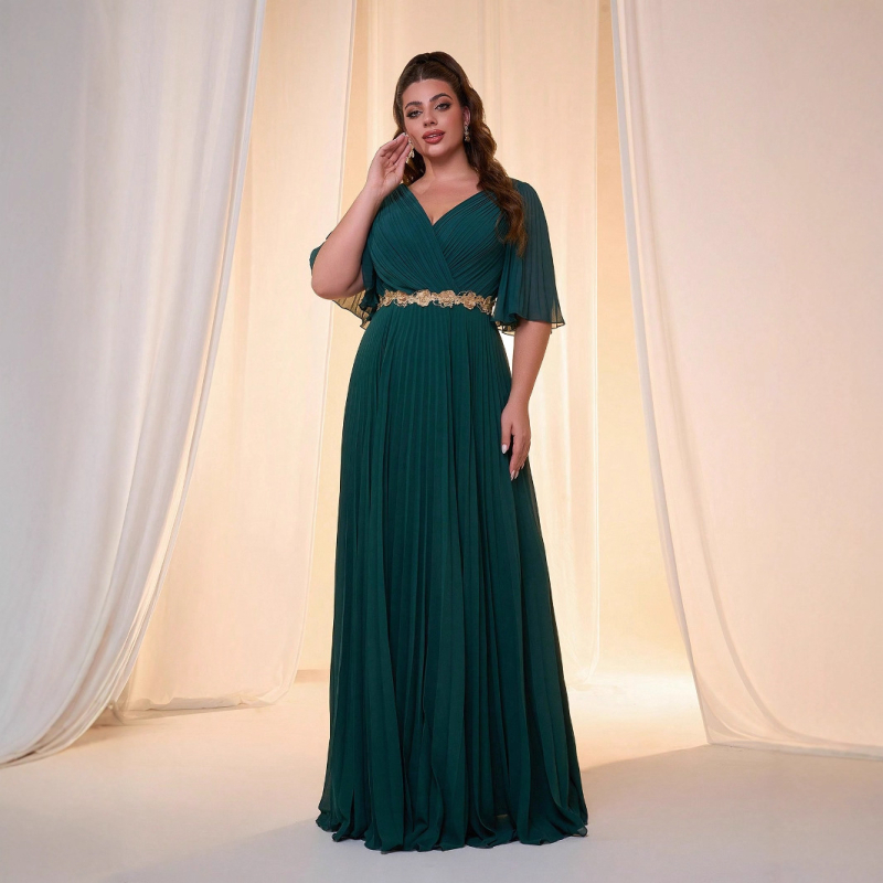 Duga šifon haljina s V izrezom, visoki struk, kratke rukave, elegantan swing stil