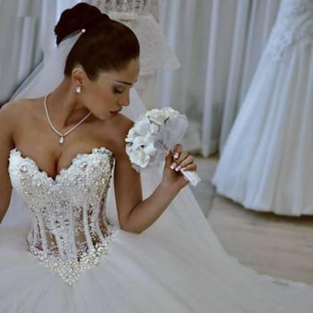 Rochie de mireasă fără bretele, dantelă cu mărgele, fustă tutu, lungă, material poliester 70-80%