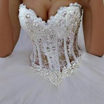 Rochie de mireasă fără bretele, dantelă cu mărgele, fustă tutu, lungă, material poliester 70-80%