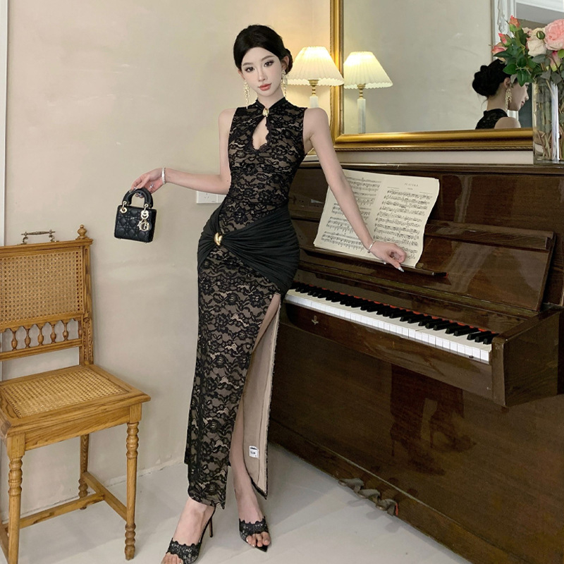 Čipkasta cheongsam haljina s rozparkom, elastični poliester, bez rukava, stojeći ovratnik, visok struk, duga haljina