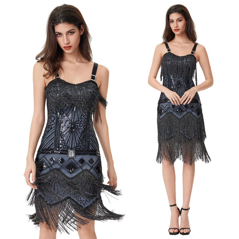 Odinale Rochie fără mâneci, în stil sling, broderie cu mărgele, paiete și ciucuri, din poliester