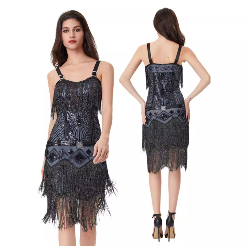 Odinale Rochie fără mâneci, în stil sling, broderie cu mărgele, paiete și ciucuri, din poliester