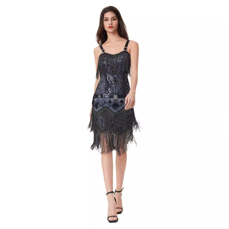 Odinale Rochie fără mâneci, în stil sling, broderie cu mărgele, paiete și ciucuri, din poliester
