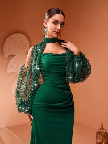 Paillettes estélyi ruha, elegáns stílus, hosszú ujjak, spandex 90–95% anyag, 2025-ös megjelenés