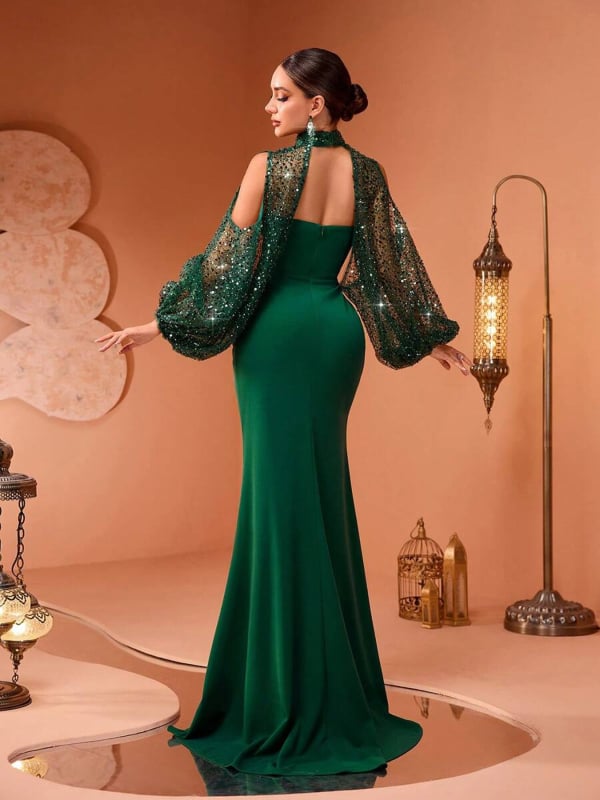 Paillettes estélyi ruha, elegáns stílus, hosszú ujjak, spandex 90–95% anyag, 2025-ös megjelenés