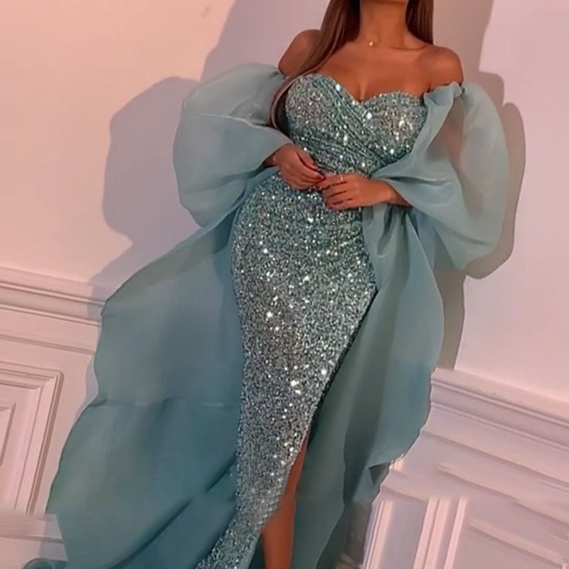 Rochie de banchet din organza, trenă lungă, mâneci felinar, fustă lungă — Primăvara 2024