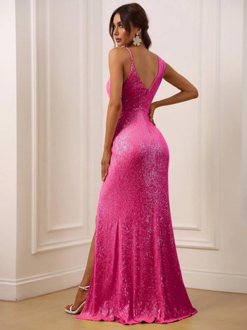 Csillogó paillettes hosszú estélyi ruha, ujjatlan, mély V-nyakkal és elöl hasítékkal