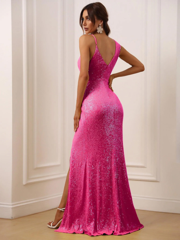 Csillogó paillettes hosszú estélyi ruha, ujjatlan, mély V-nyakkal és elöl hasítékkal