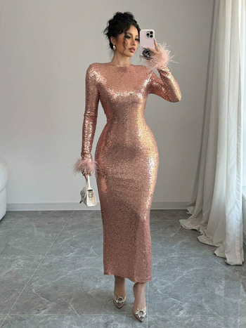 Csillogó ruha, hosszú ujjú, hosszú szoknyával, poliészter >95%, 2025