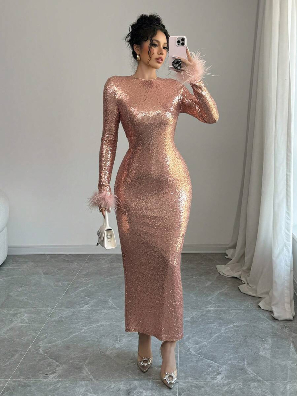 Csillogó ruha, hosszú ujjú, hosszú szoknyával, poliészter >95%, 2025