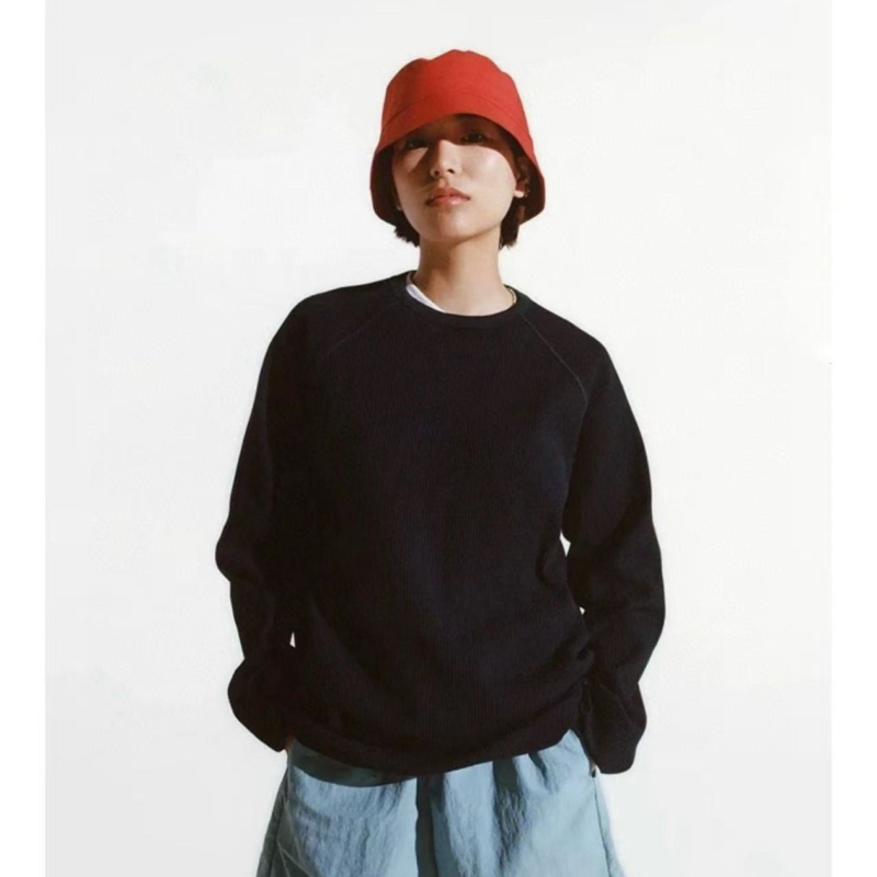 Tricou cu mâneci lungi, în stil japonez, tricot gros cu textură wafle, logo brodat mic, croială lejeră