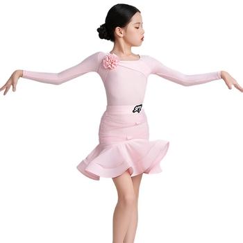 Латин танцов костюм за момичета, тренировъчен комплект със Spandex плат, пола с раздвижващ дизайн, сценично облекло