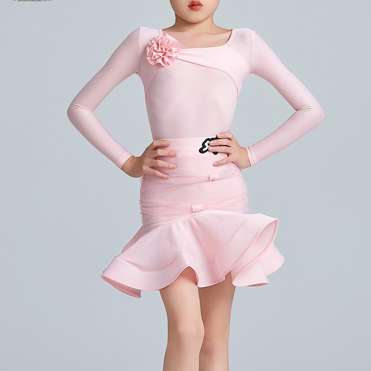 Латин танцов костюм за момичета, тренировъчен комплект със Spandex плат, пола с раздвижващ дизайн, сценично облекло