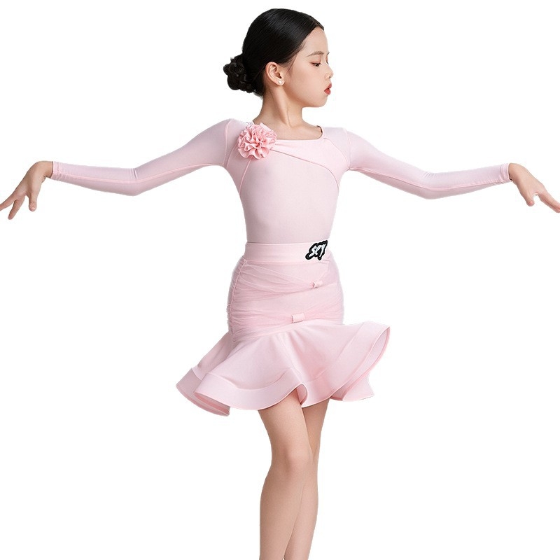 Латин танцов костюм за момичета, тренировъчен комплект със Spandex плат, пола с раздвижващ дизайн, сценично облекло
