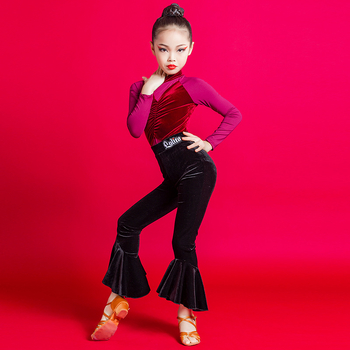 Латино танцов костюм за момичета, дълъг ръкав горнище и панталони, модерен танцов стил, 70% ацетатна материя