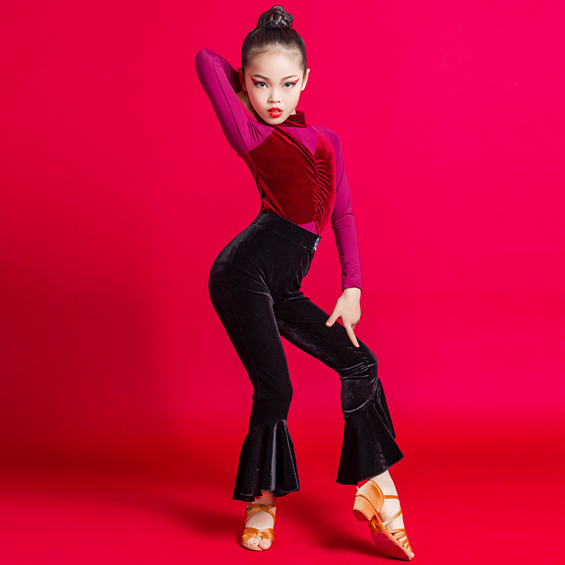 Латино танцов костюм за момичета, дълъг ръкав горнище и панталони, модерен танцов стил, 70% ацетатна материя