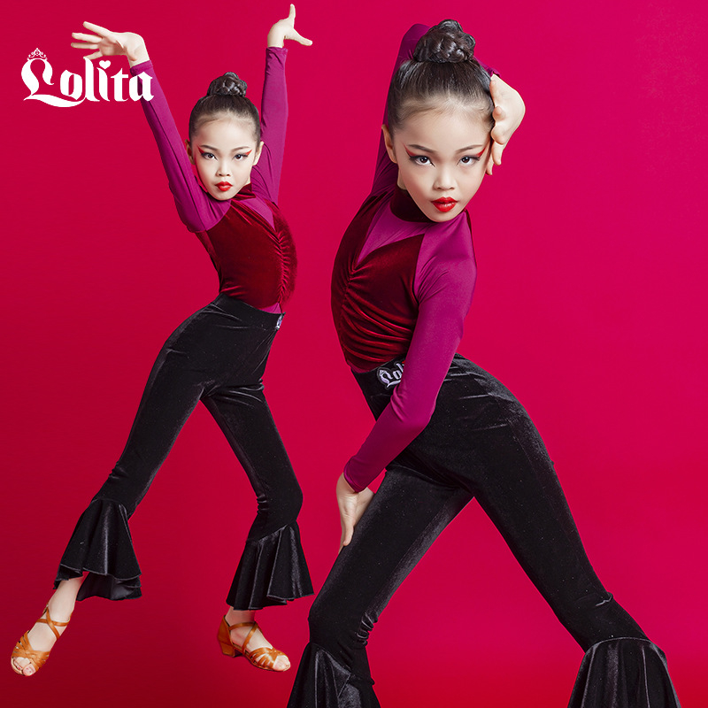 Латино танцов костюм за момичета, дълъг ръкав горнище и панталони, модерен танцов стил, 70% ацетатна материя